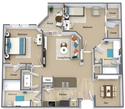 Floor plan for 2 beds, 2 baths, 1135 sqft